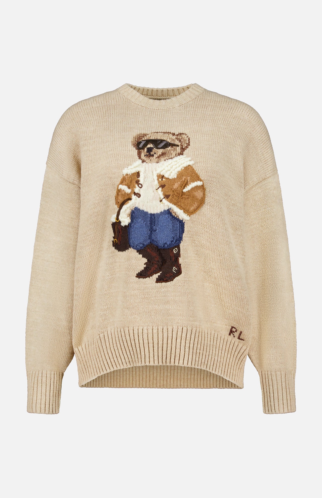 Beige Cotton Crewneck Polo Bear Sweater featuring an intarsia-knit bear wearing sunglasses, a shearling-lined jacket, and boots.