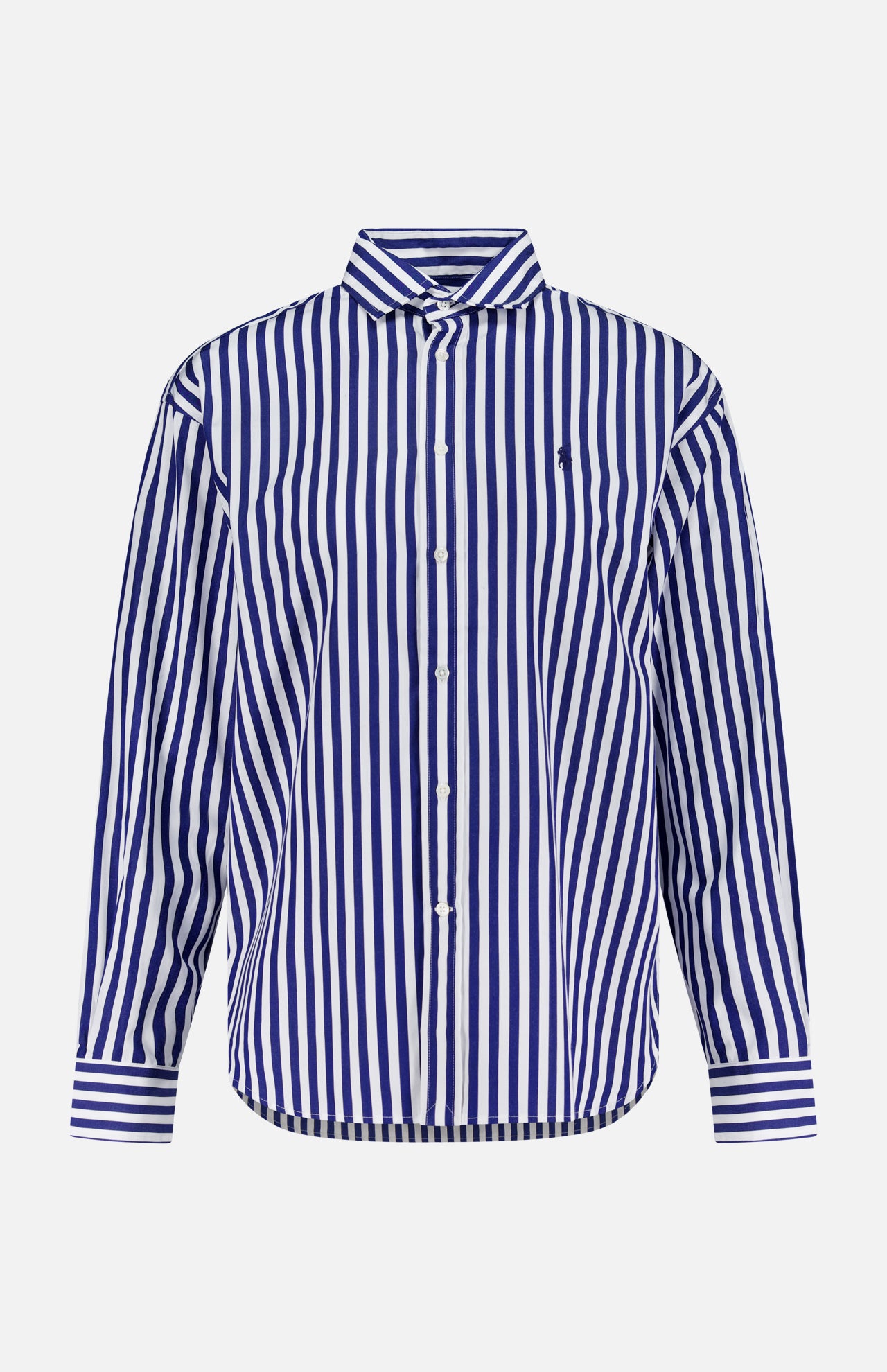 The RALPH LAUREN POLO Cotton Long Sleeve Blouse features a relaxed fit, classic collar, cuffed sleeves, embroidered Pony logo, and vertical blue and white stripes. Displayed on a plain white background.