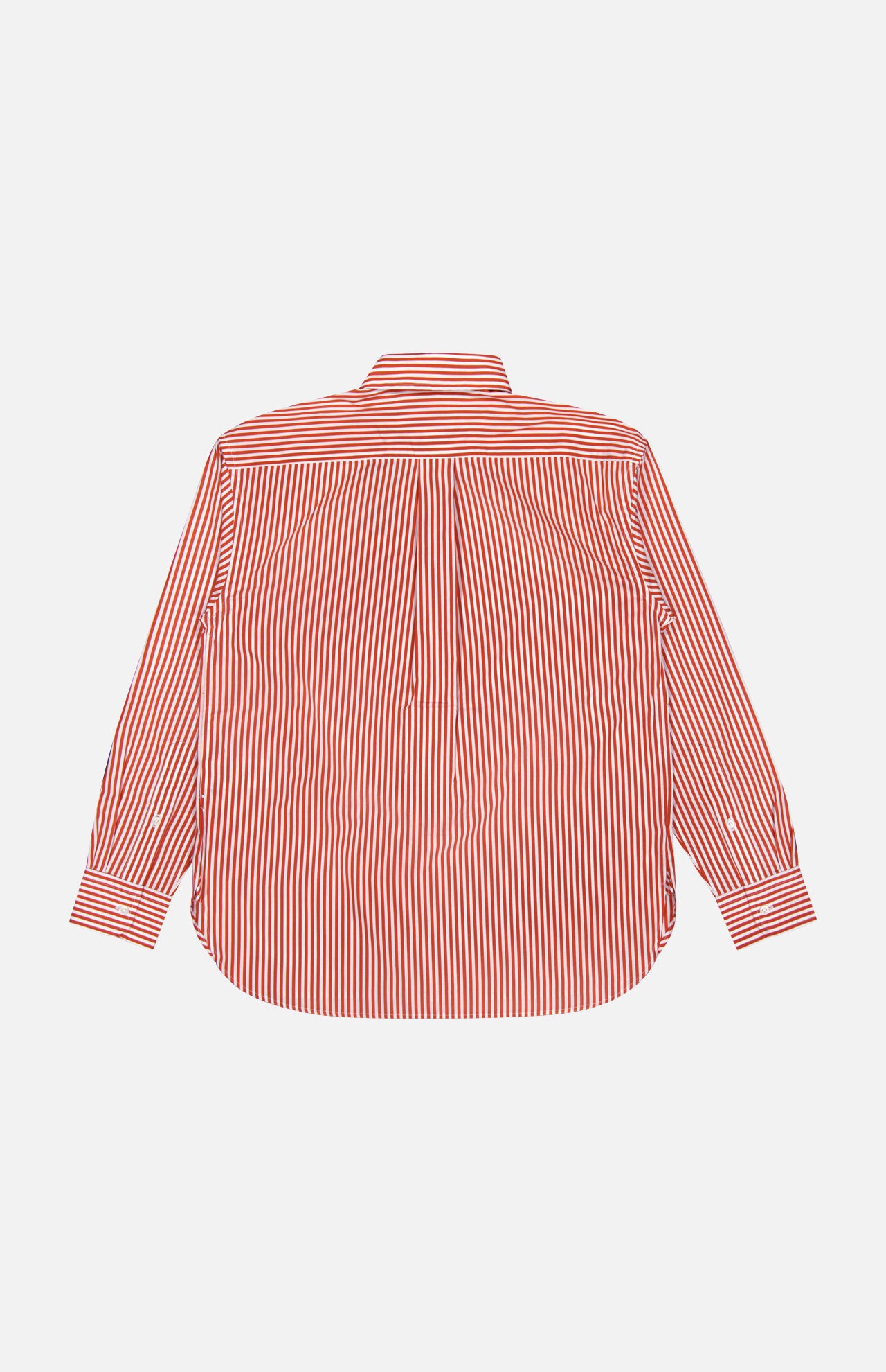 The Cotton Poplin Long Sleeve Blouse by RALPH LAUREN POLO, shown from the back on a white background, features a relaxed fit with long sleeves, button-up styling, and red and white vertical stripes in cotton fabric.