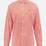 The RALPH LAUREN POLO Cotton Poplin Long Sleeve Blouse features a relaxed fit with vertical red and white stripes, a button-up front, classic collar, and an embroidered Pony logo on the left chest.
