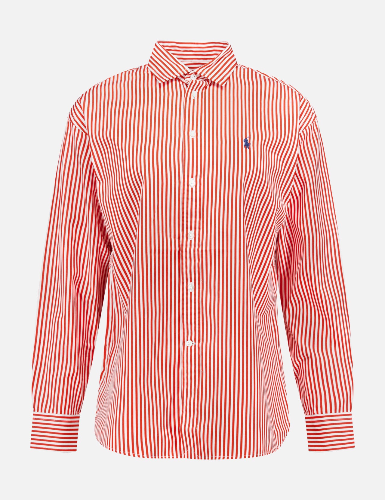 The RALPH LAUREN POLO Cotton Poplin Long Sleeve Blouse features a relaxed fit with vertical red and white stripes, a button-up front, classic collar, and an embroidered Pony logo on the left chest.