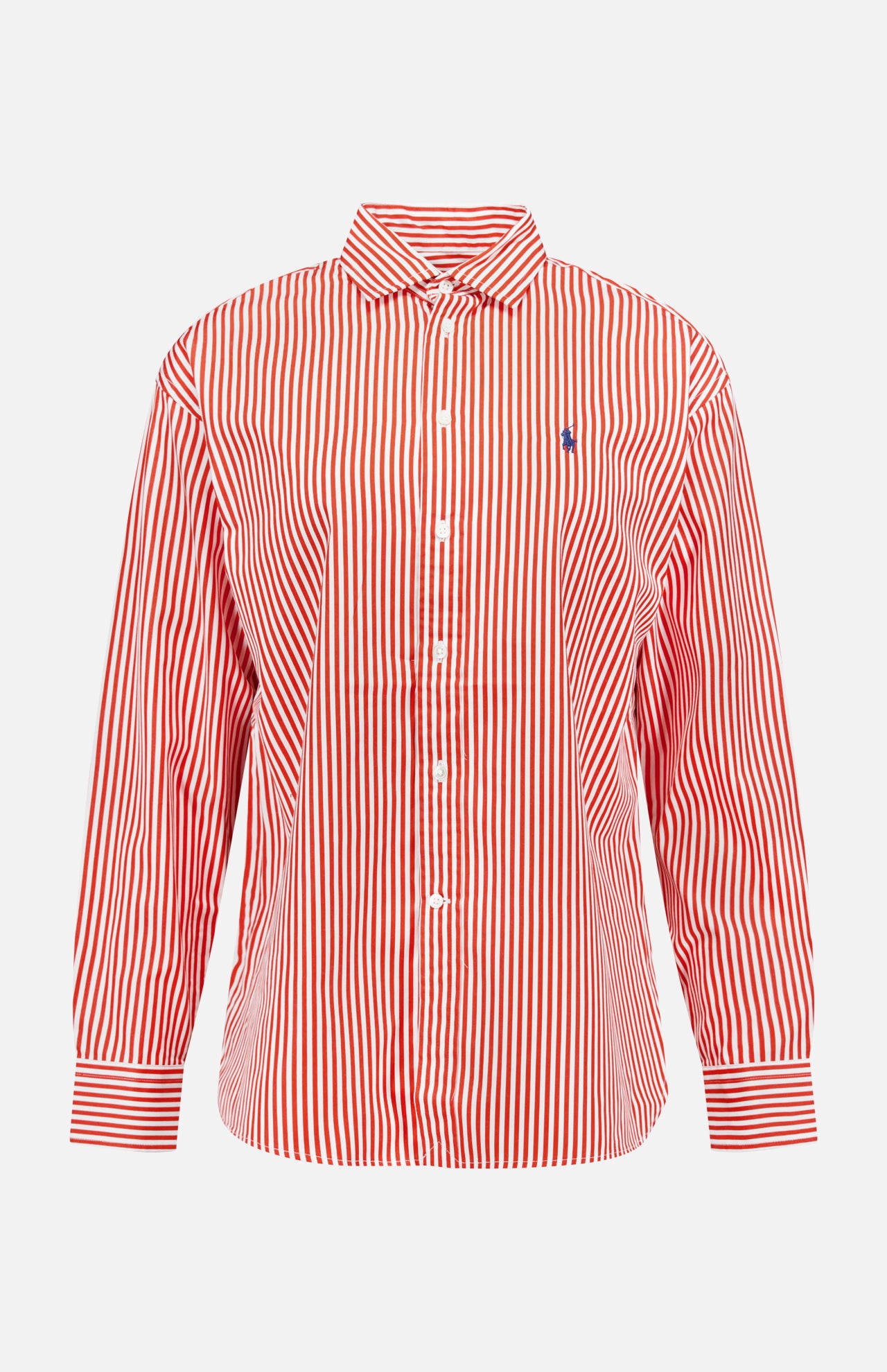 The RALPH LAUREN POLO Cotton Poplin Long Sleeve Blouse features a relaxed fit with vertical red and white stripes, a button-up front, classic collar, and an embroidered Pony logo on the left chest.