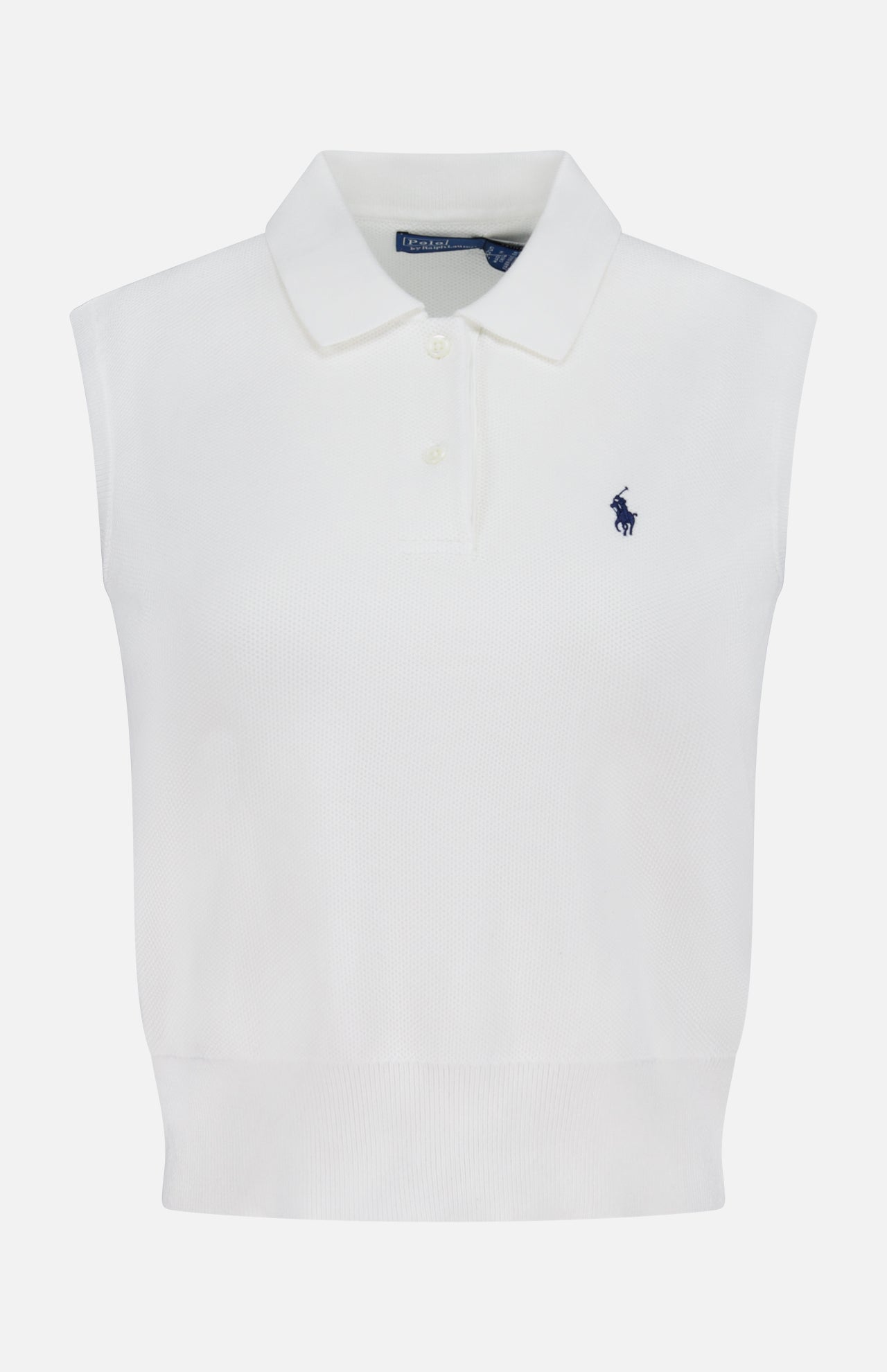 The RALPH LAUREN POLO Cotton Sleeveless Polo Pullover Sweater features a collar, two buttons, and a small dark blue embroidered pony logo of a horse and rider on the left chest.