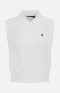 The RALPH LAUREN POLO Cotton Sleeveless Polo Pullover Sweater features a collar, two buttons, and a small dark blue embroidered pony logo of a horse and rider on the left chest.