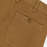 Close-up of a brown pair of Cotton Twill Flare Pants by RALPH LAUREN POLO, featuring a pocket with button closure, belt loops, and visible stitching detail.