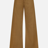 RALPH LAUREN POLO Cotton Twill Flare Pants in brown, featuring a high waist, front button closure, belt loops, and a long, flared silhouette inspired by classic cotton flare designs, displayed against a plain white background.