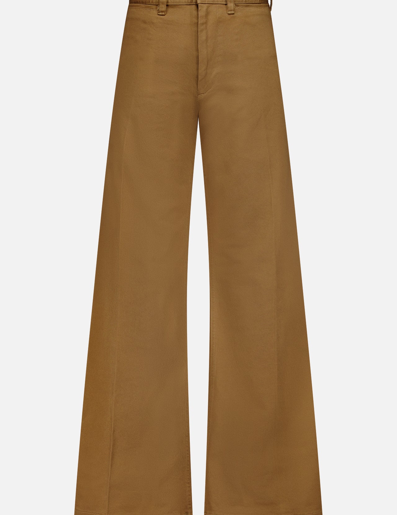 RALPH LAUREN POLO Cotton Twill Flare Pants in brown, featuring a high waist, front button closure, belt loops, and a long, flared silhouette inspired by classic cotton flare designs, displayed against a plain white background.