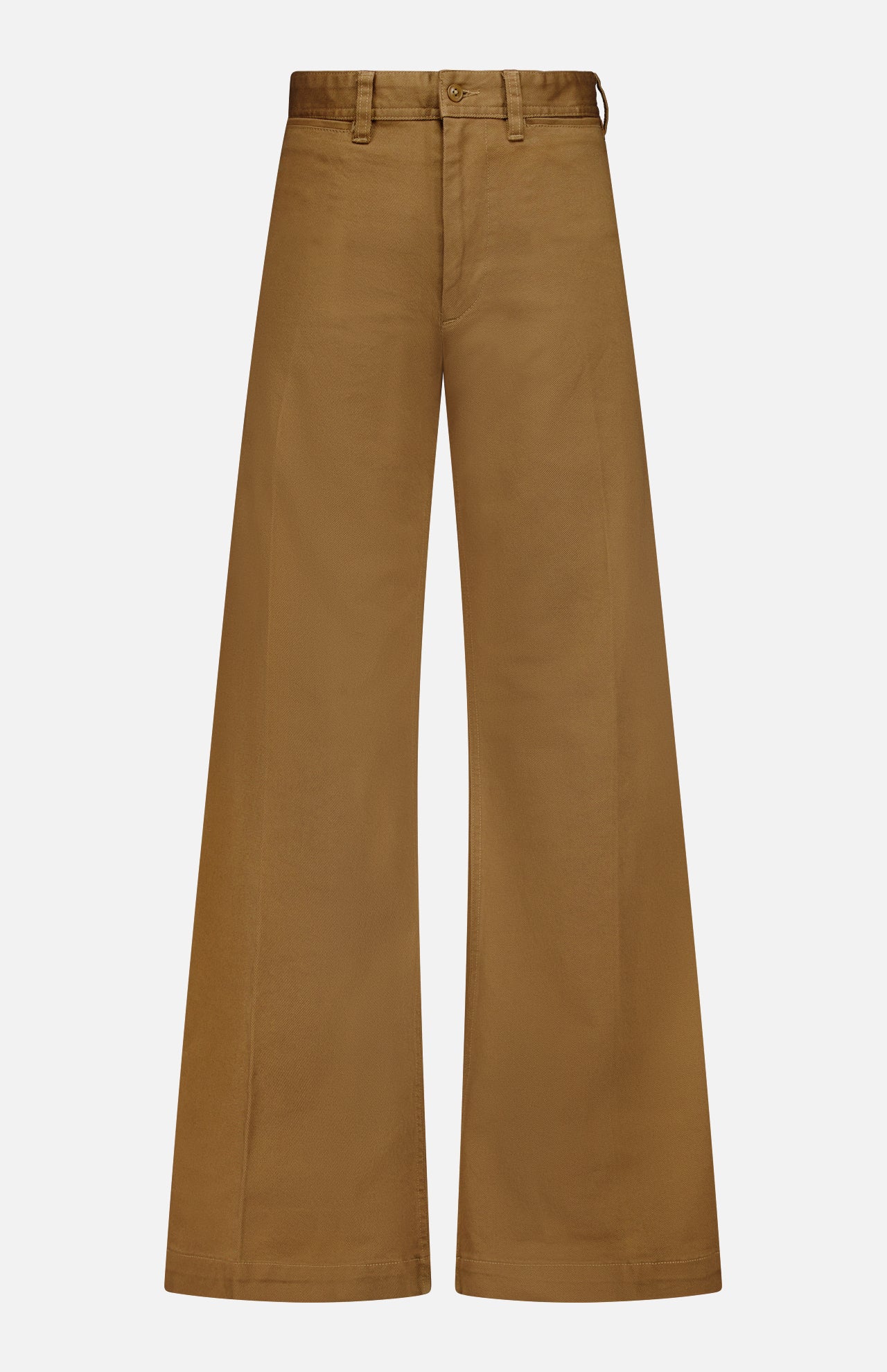 RALPH LAUREN POLO Cotton Twill Flare Pants in brown, featuring a high waist, front button closure, belt loops, and a long, flared silhouette inspired by classic cotton flare designs, displayed against a plain white background.