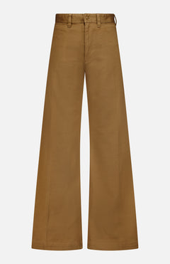 RALPH LAUREN POLO Cotton Twill Flare Pants in brown, featuring a high waist, front button closure, belt loops, and a long, flared silhouette inspired by classic cotton flare designs, displayed against a plain white background.