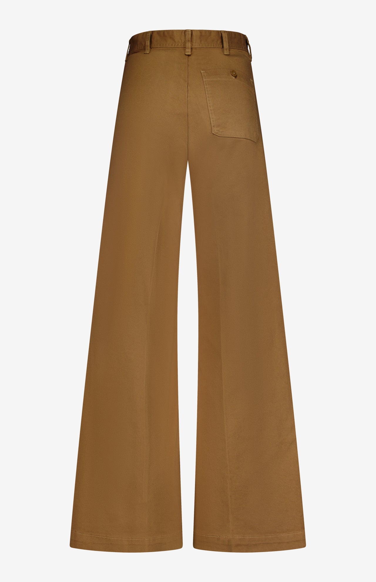 RALPH LAUREN POLO Cotton Twill Flare Pants shown from the back, featuring a high-rise fit, a single right back pocket, and belt loops along the structured, smooth waistband.