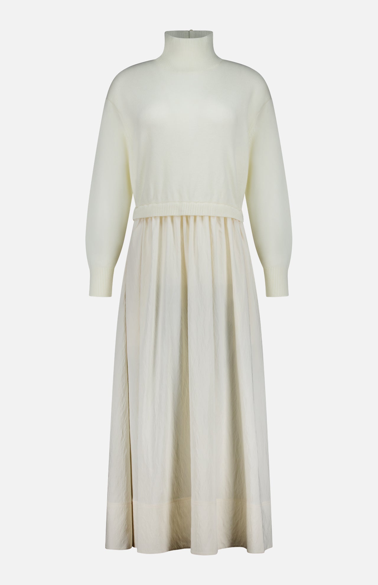 Off-white Italian carded-wool Crepe Woven Turtleneck A-Line Dress featuring a ribbed turtleneck, long sleeves, and a gathered waist.