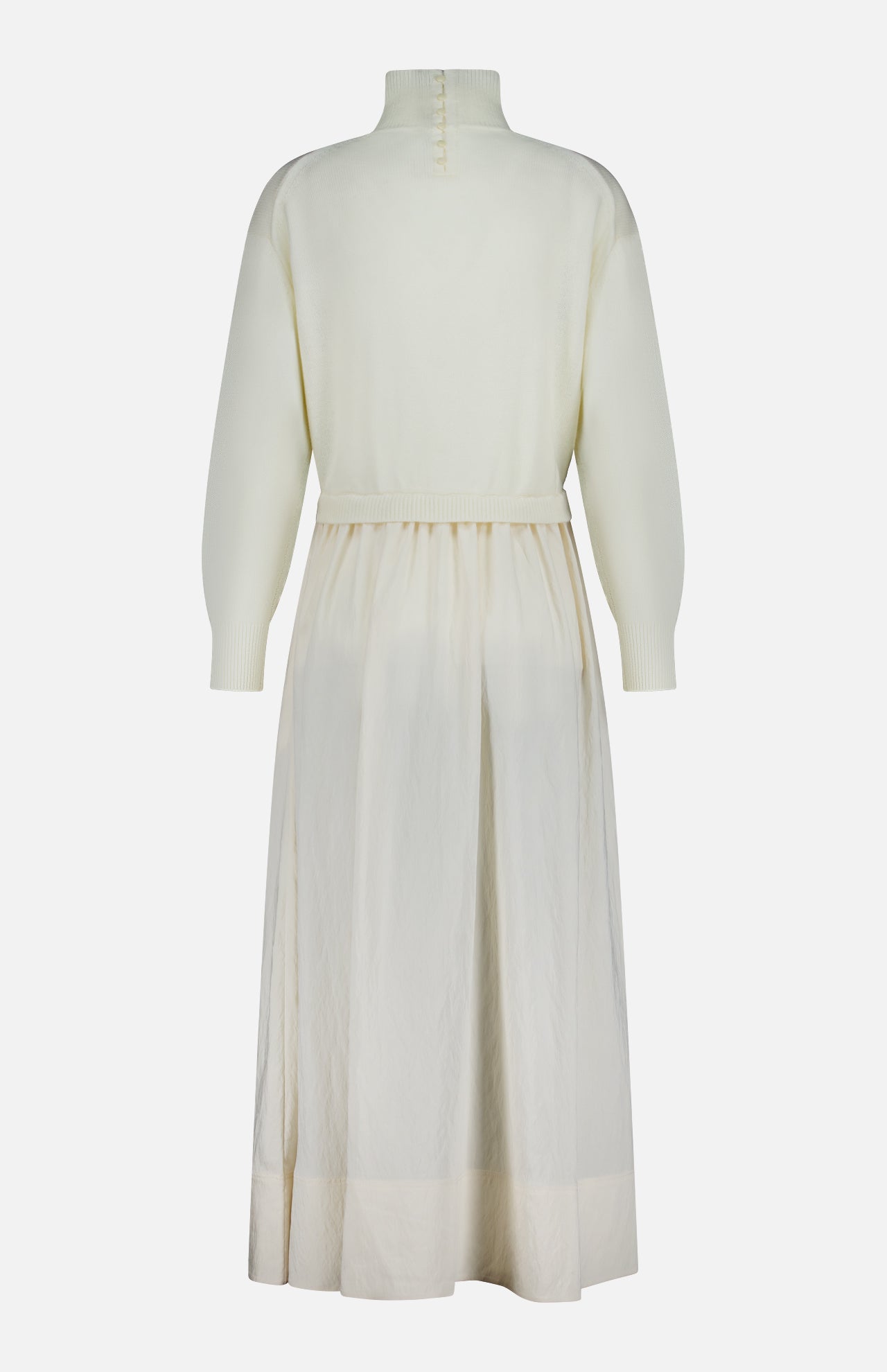 Back view of an off-white Italian carded-wool Crepe Woven Turtleneck A-Line Dress featuring a ribbed bodice and a gathered, A-line skirt.