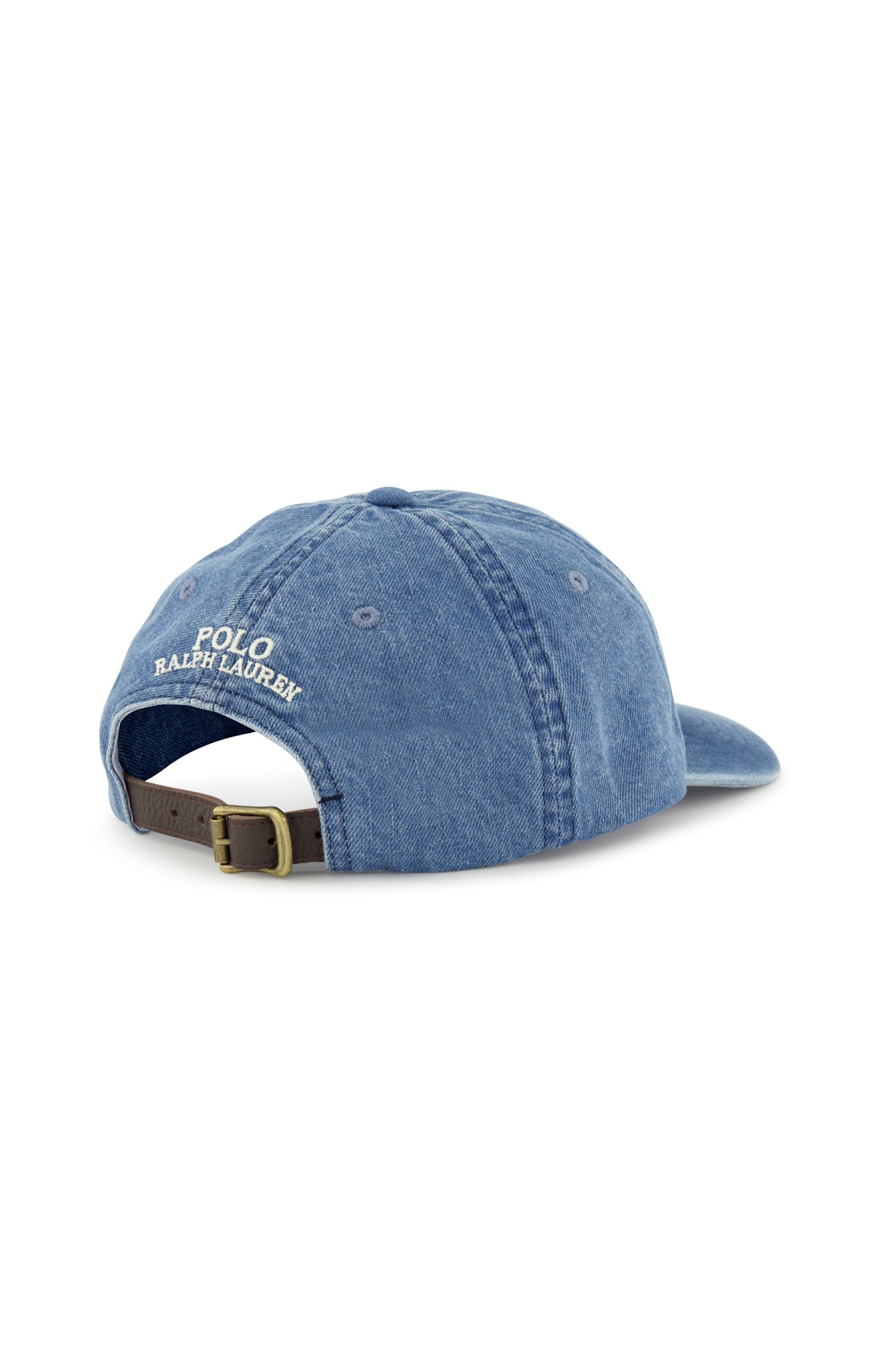A blue denim RALPH LAUREN POLO Denim Sport Cap viewed from the back, featuring embroidered white text and an adjustable back strap with a brass buckle.