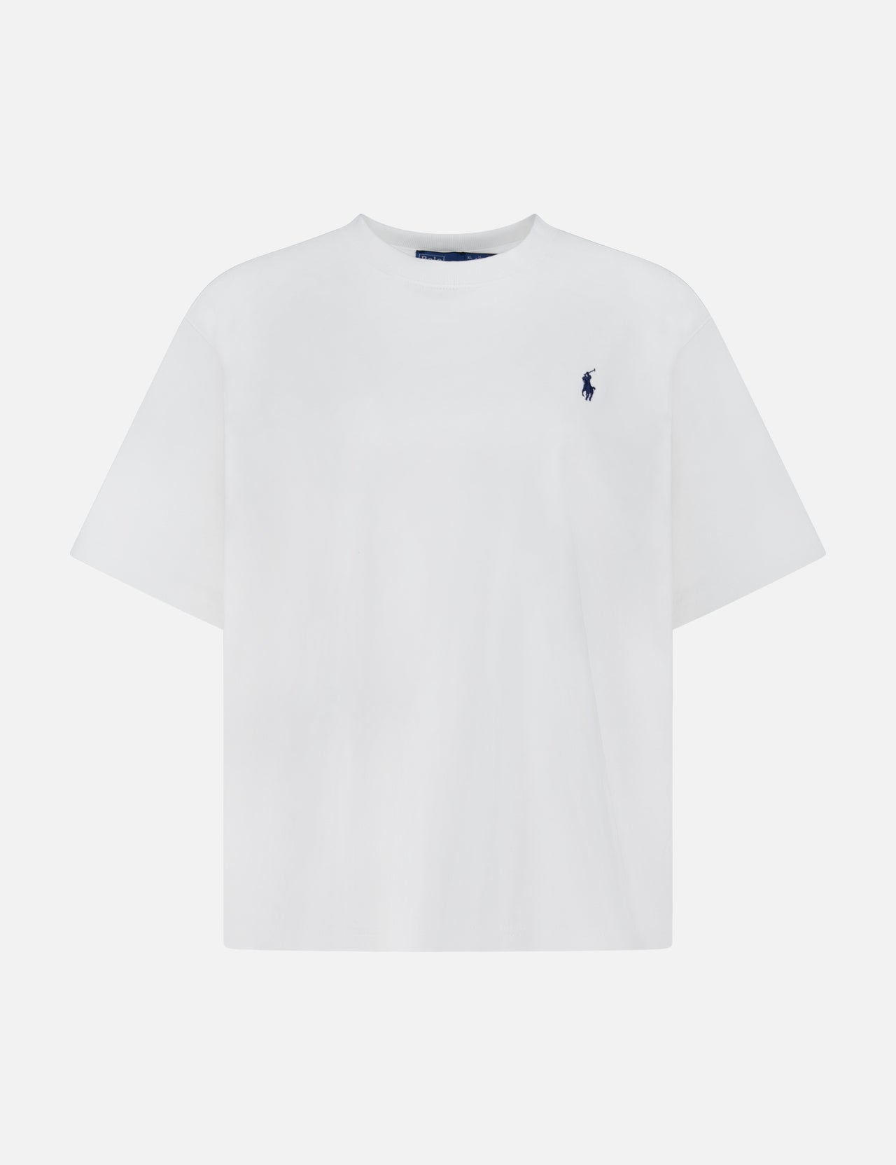 The RALPH LAUREN POLO Jersey Short Sleeve T-shirt features a relaxed fit, heavy weight plain white cotton jersey, classic crew neckline, short sleeves, and a small navy blue embroidered Pony logo on the left chest.