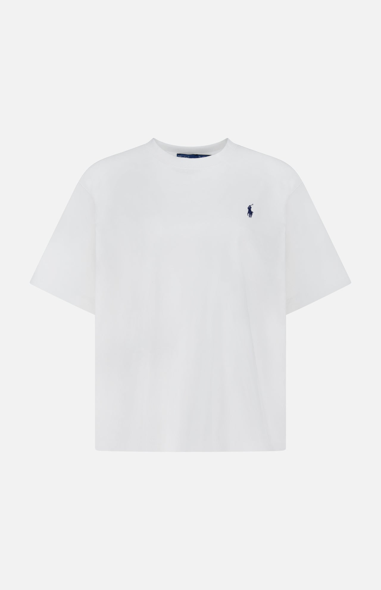 The RALPH LAUREN POLO Jersey Short Sleeve T-shirt features a relaxed fit, heavy weight plain white cotton jersey, classic crew neckline, short sleeves, and a small navy blue embroidered Pony logo on the left chest.