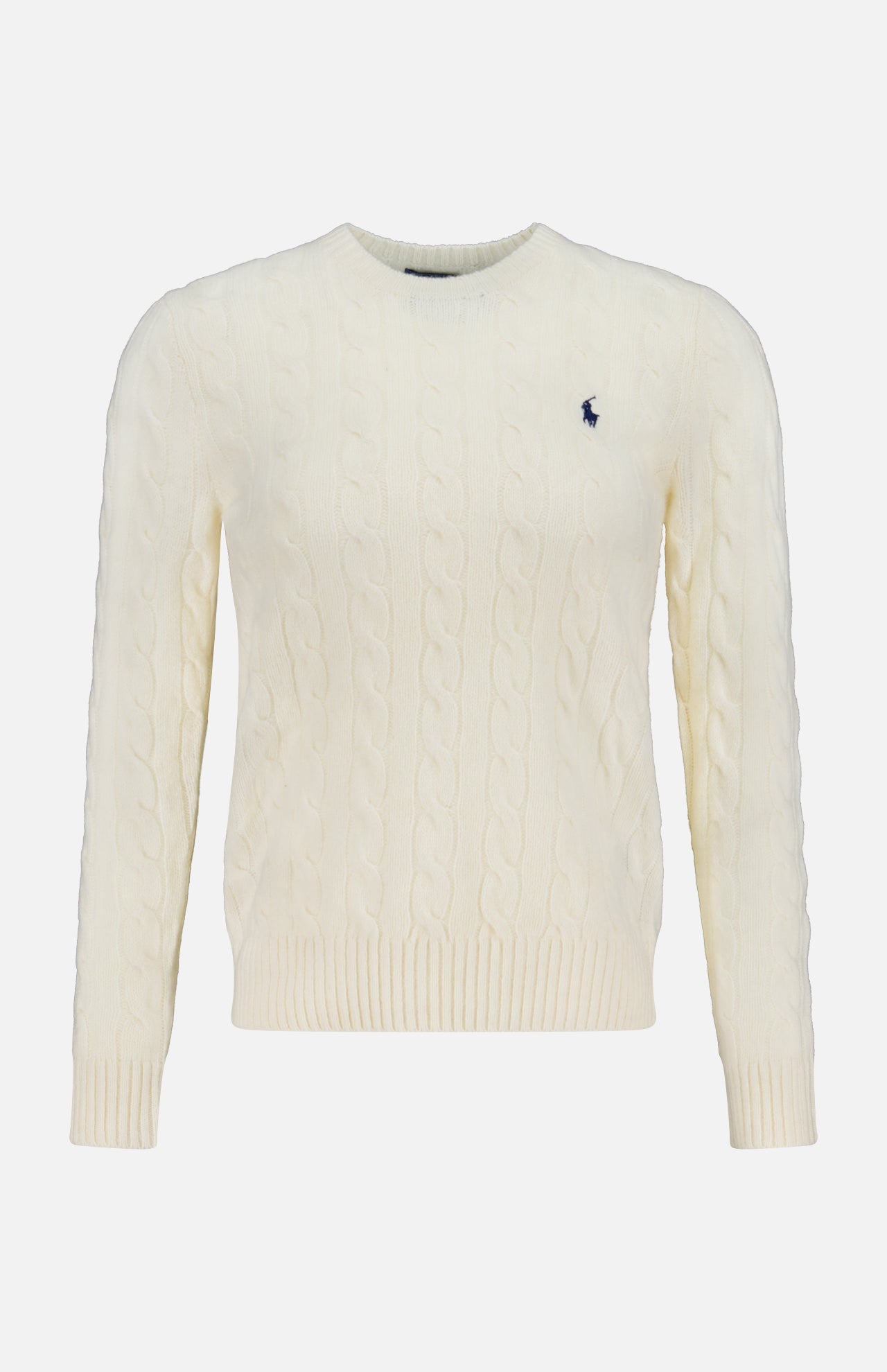 The Julianna Long Sleeve Pullover Sweater by RALPH LAUREN POLO features a cream cable-knit design, crew neck, ribbed cuffs and hem, long sleeves, and a small dark embroidered Pony logo on the left chest.
