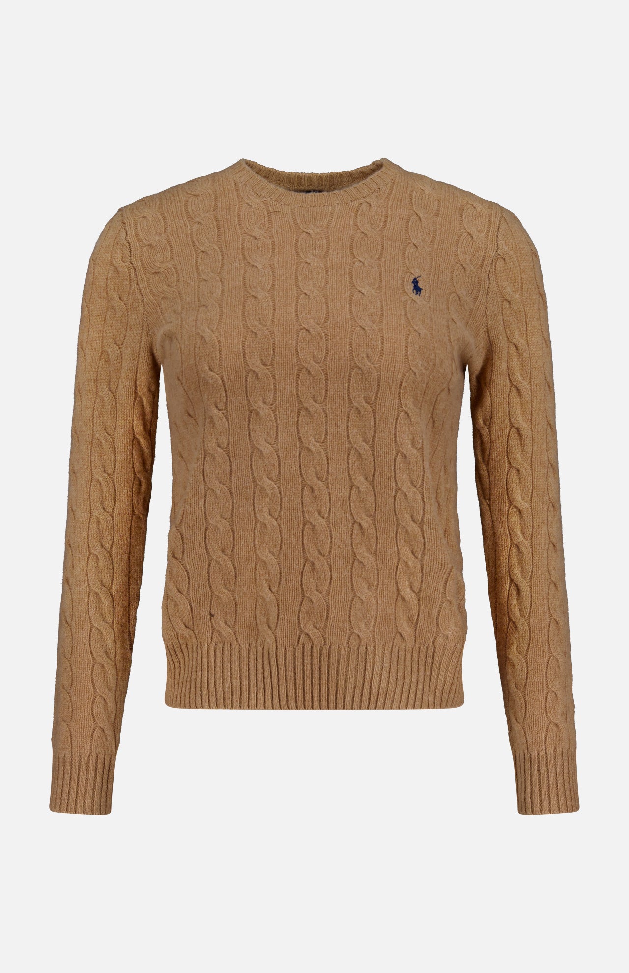 The Julianna Long Sleeve Pullover Sweater by RALPH LAUREN POLO is a tan slim fit cableknit crew neck with long sleeves, ribbed cuffs and hem, and a small dark logo on the left chest, shown against a plain white background.