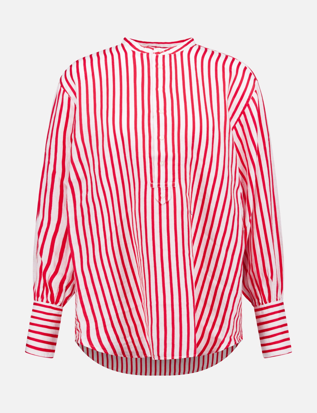The RALPH LAUREN POLO Linen Cotton Long Sleeve Button Down Shirt features a relaxed, oversized fit with red and white stripes, a mandarin collar, button placket, and wide cuffs—ideal for adding nautical charm to your summer wardrobe.