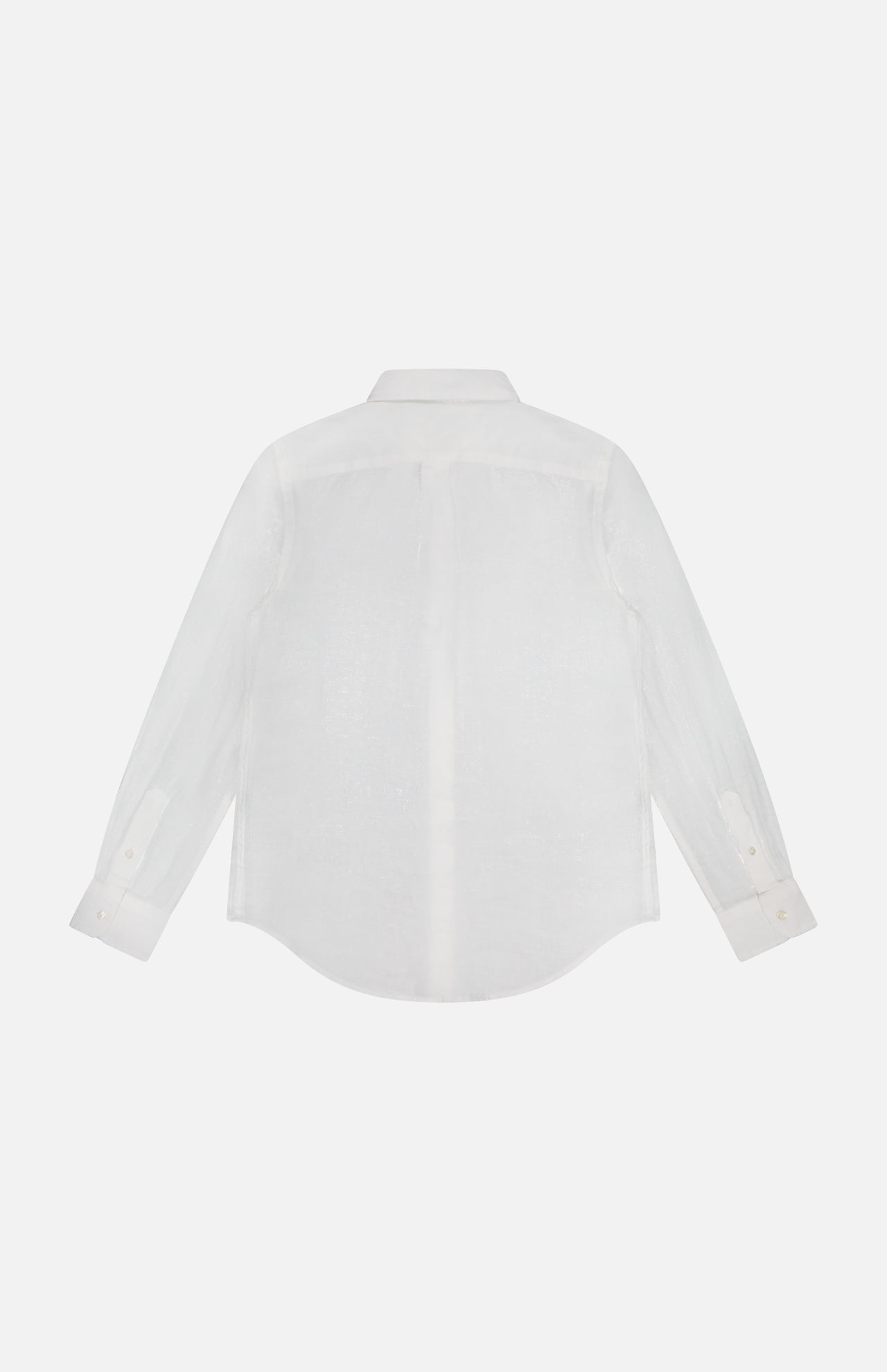 A Linen Long Sleeve Button Front Shirt by RALPH LAUREN POLO is displayed flat, showcasing the back with a straight yoke, curved hem, and buttoned cuffs against a plain white background.