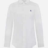 The RALPH LAUREN POLO Linen Long Sleeve Button Front Shirt features a collar, long sleeves, and a small dark blue logo embroidered on the left chest, displayed against a plain white background.