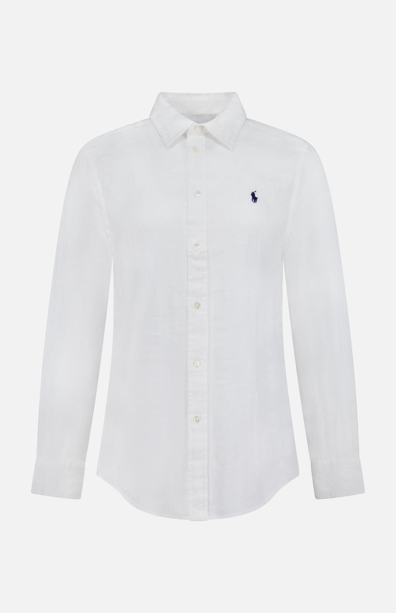 The RALPH LAUREN POLO Linen Long Sleeve Button Front Shirt features a collar, long sleeves, and a small dark blue logo embroidered on the left chest, displayed against a plain white background.