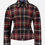 Ralph Lauren Polo Plaid Wool Blend Jacket in a black, red, and white Italian wool-blend tweed with a pointed collar, front button closure, and a sculpted silhouette.