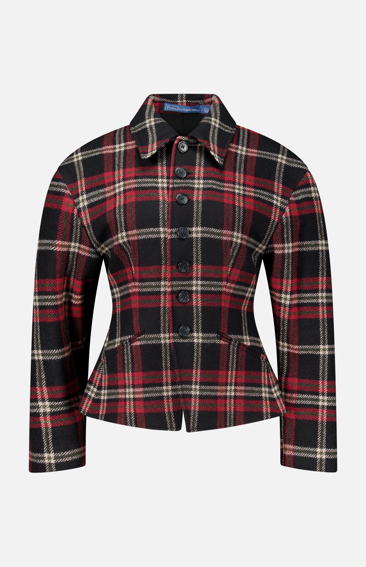 Ralph Lauren Polo Plaid Wool Blend Jacket in a black, red, and white Italian wool-blend tweed with a pointed collar, front button closure, and a sculpted silhouette.