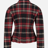 Back view of a Ralph Lauren Polo Plaid Wool Blend Jacket in red, black, and beige Italian wool-blend tweed with a notched collar and a sculpted silhouette.