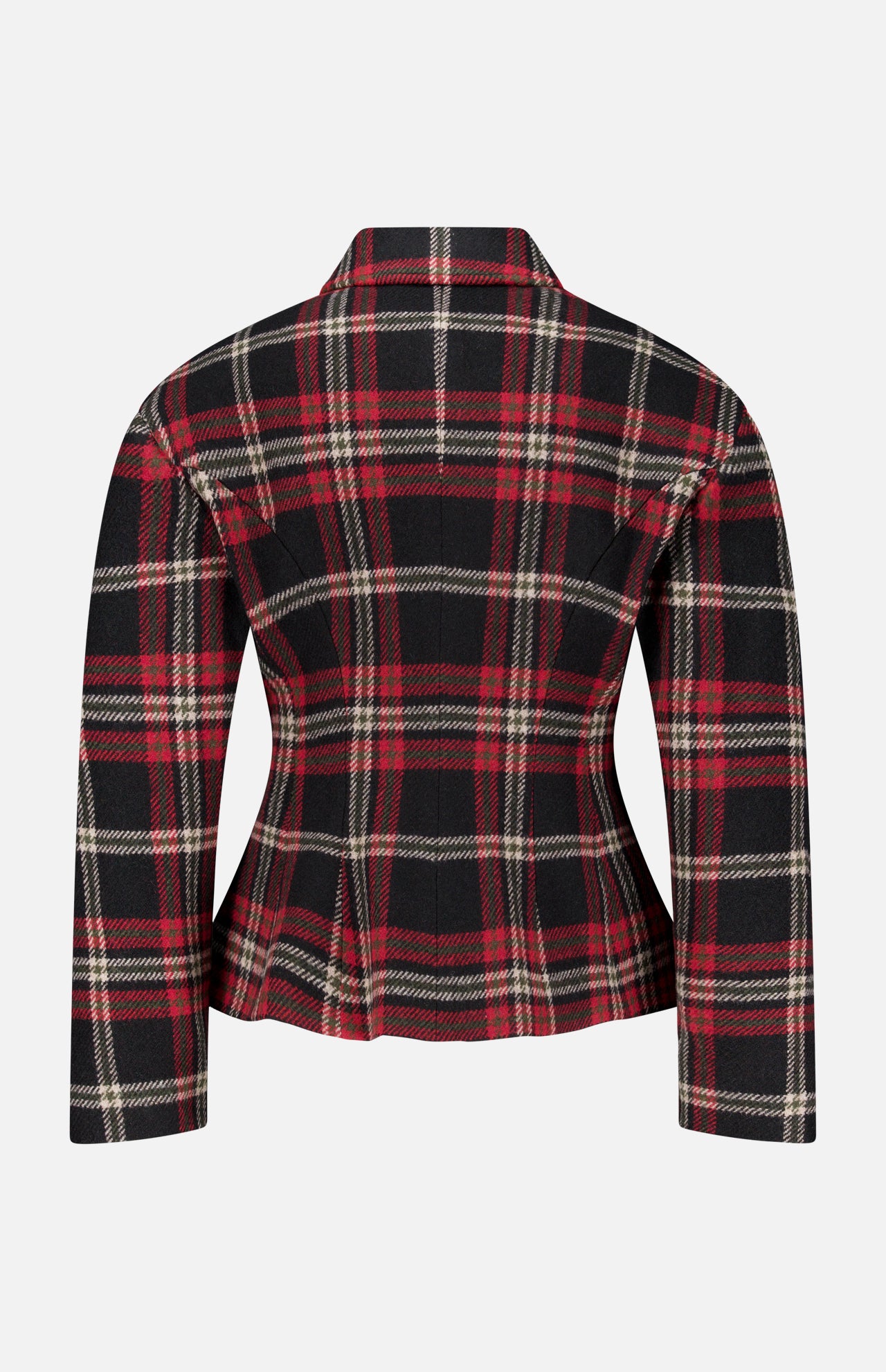 Back view of a Ralph Lauren Polo Plaid Wool Blend Jacket in red, black, and beige Italian wool-blend tweed with a notched collar and a sculpted silhouette.