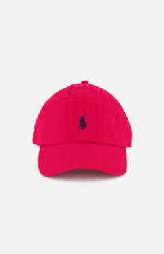 The RALPH LAUREN POLO Twill Logo Cap is a bright pink baseball hat with a small navy embroidered Pony logo on the front, shown on a plain white background.