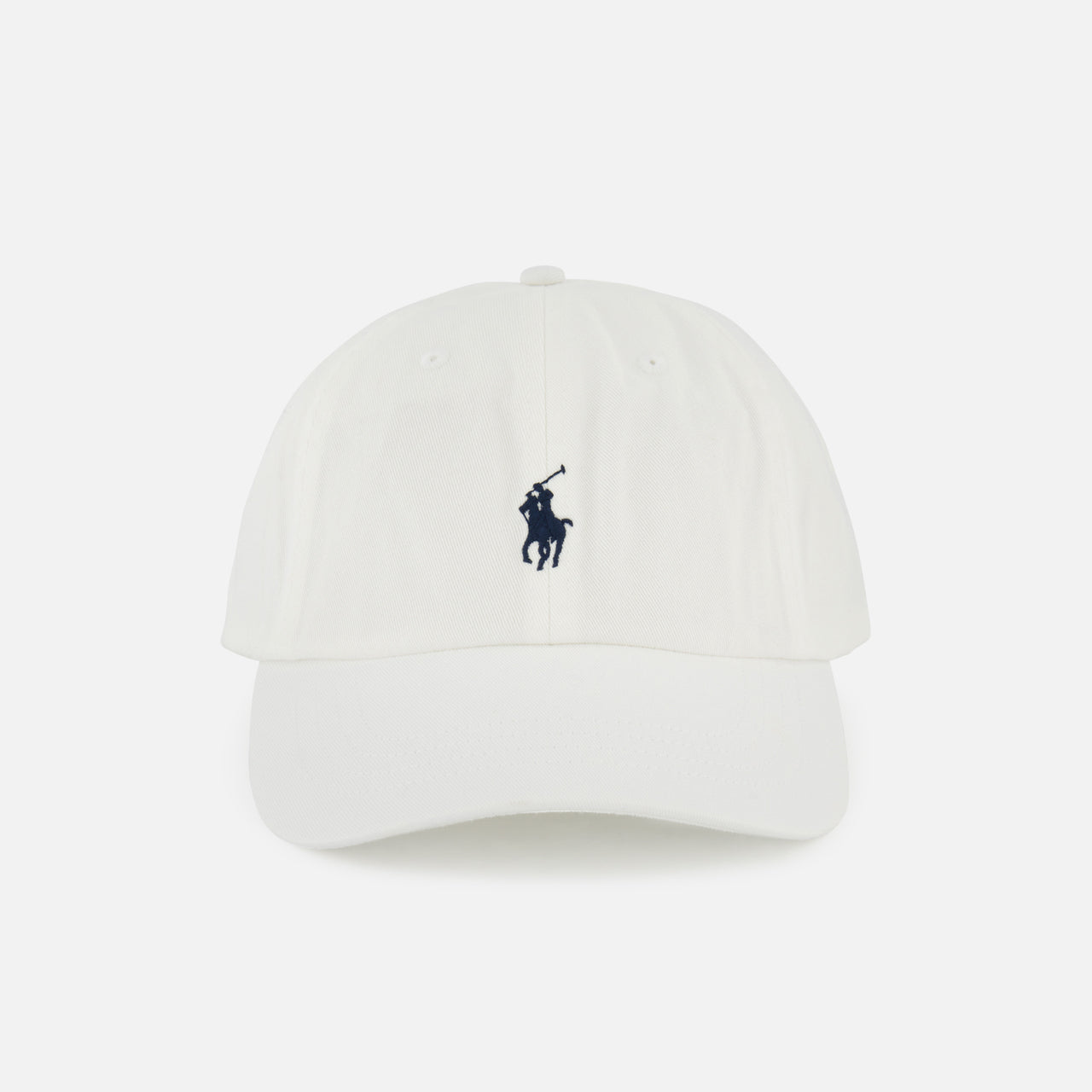 The Twill Logo Cap by RALPH LAUREN POLO is a classic white cotton chino hat with a curved brim and visible stitching, featuring a navy embroidered Polo player logo on the front.