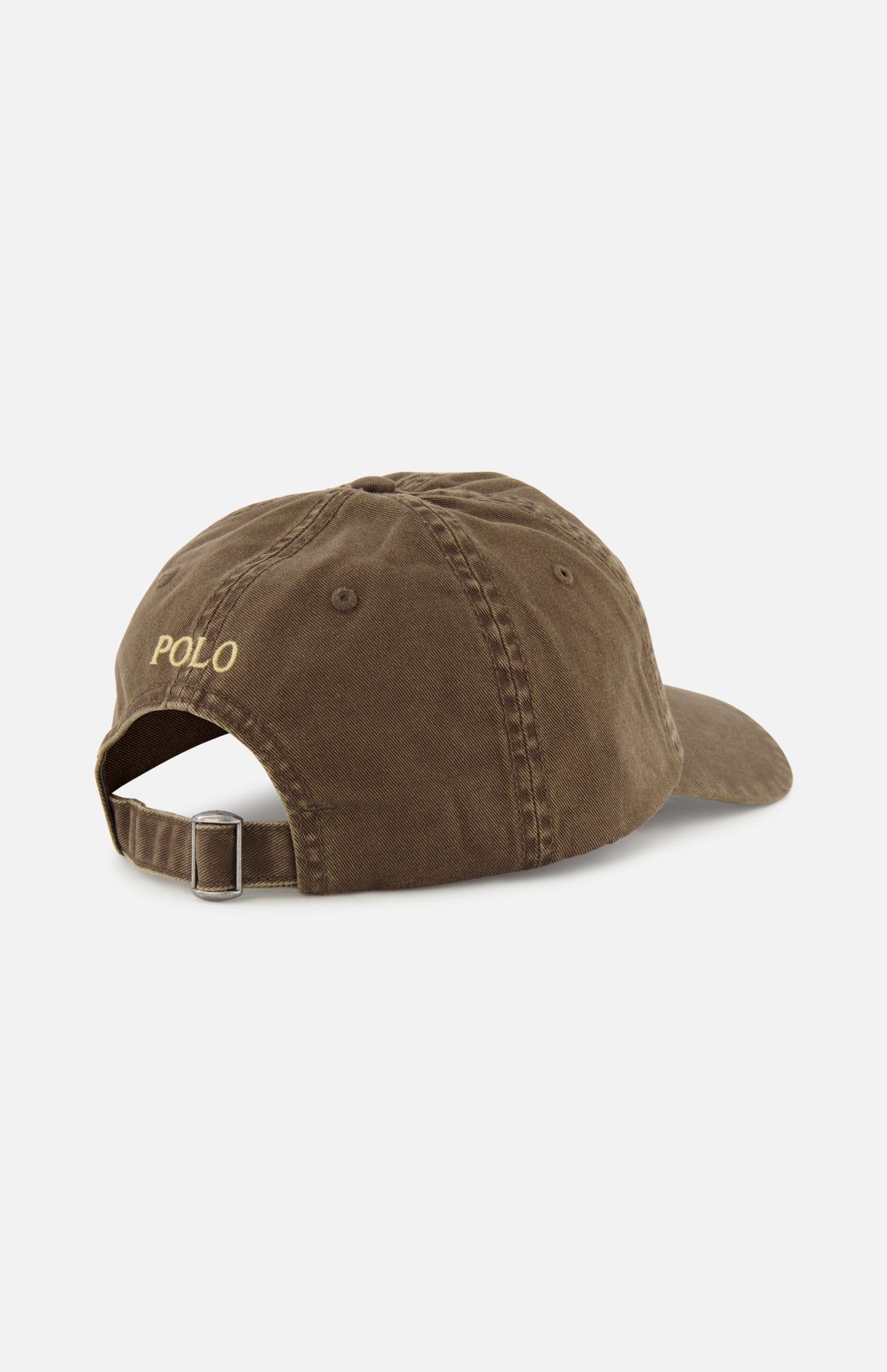 A back view of the RALPH LAUREN POLO Twill Sport Cap in brown cotton, showcasing a yellow embroidered Polo logo and an adjustable strap with a metal buckle.