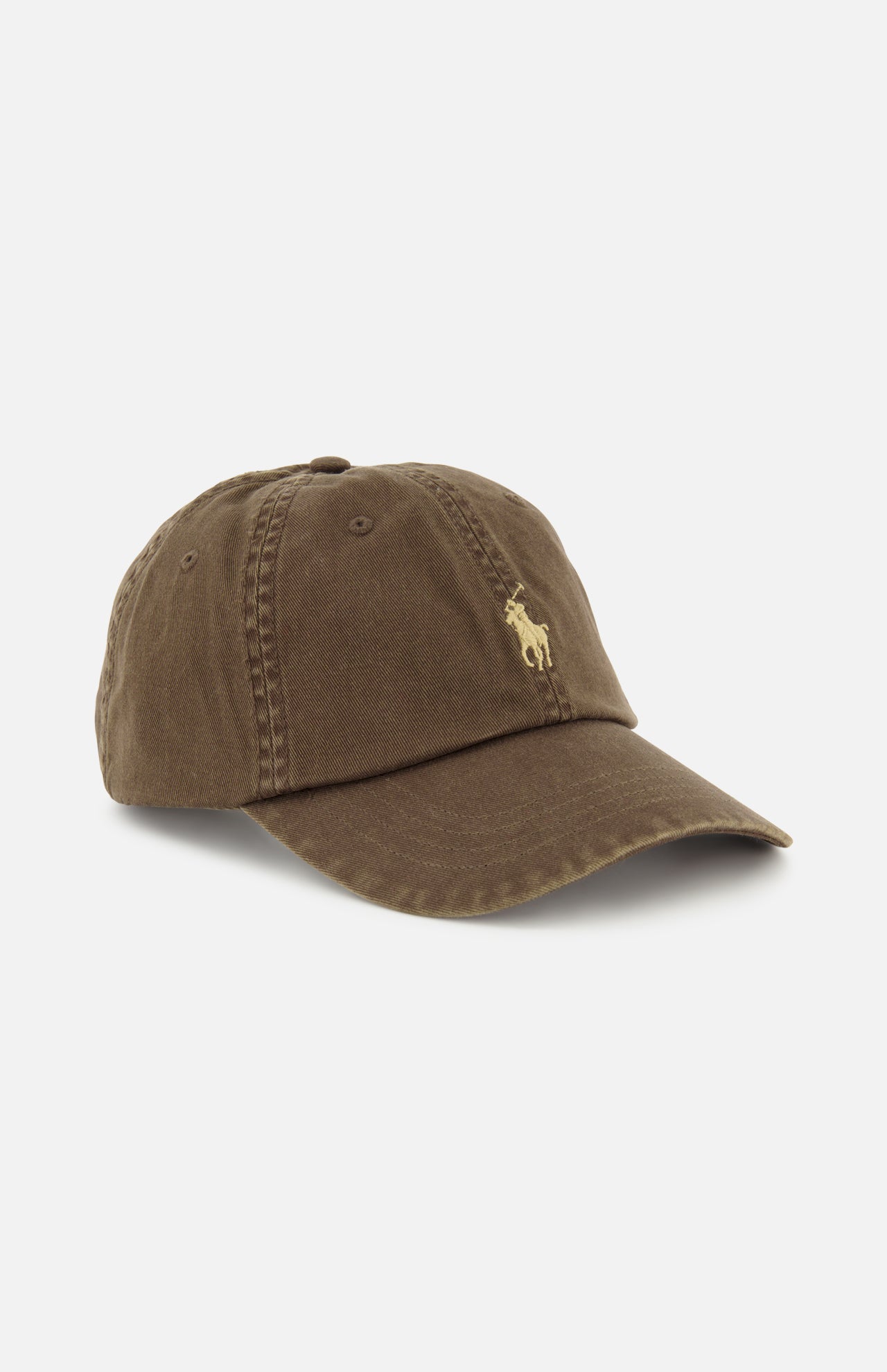 RALPH LAUREN POLO Twill Sport Cap in brown, crafted from cotton chino with a curved brim, features visible stitching and a small yellow embroidered Polo horse and rider logo on the front. The cap is shown angled against a white background.