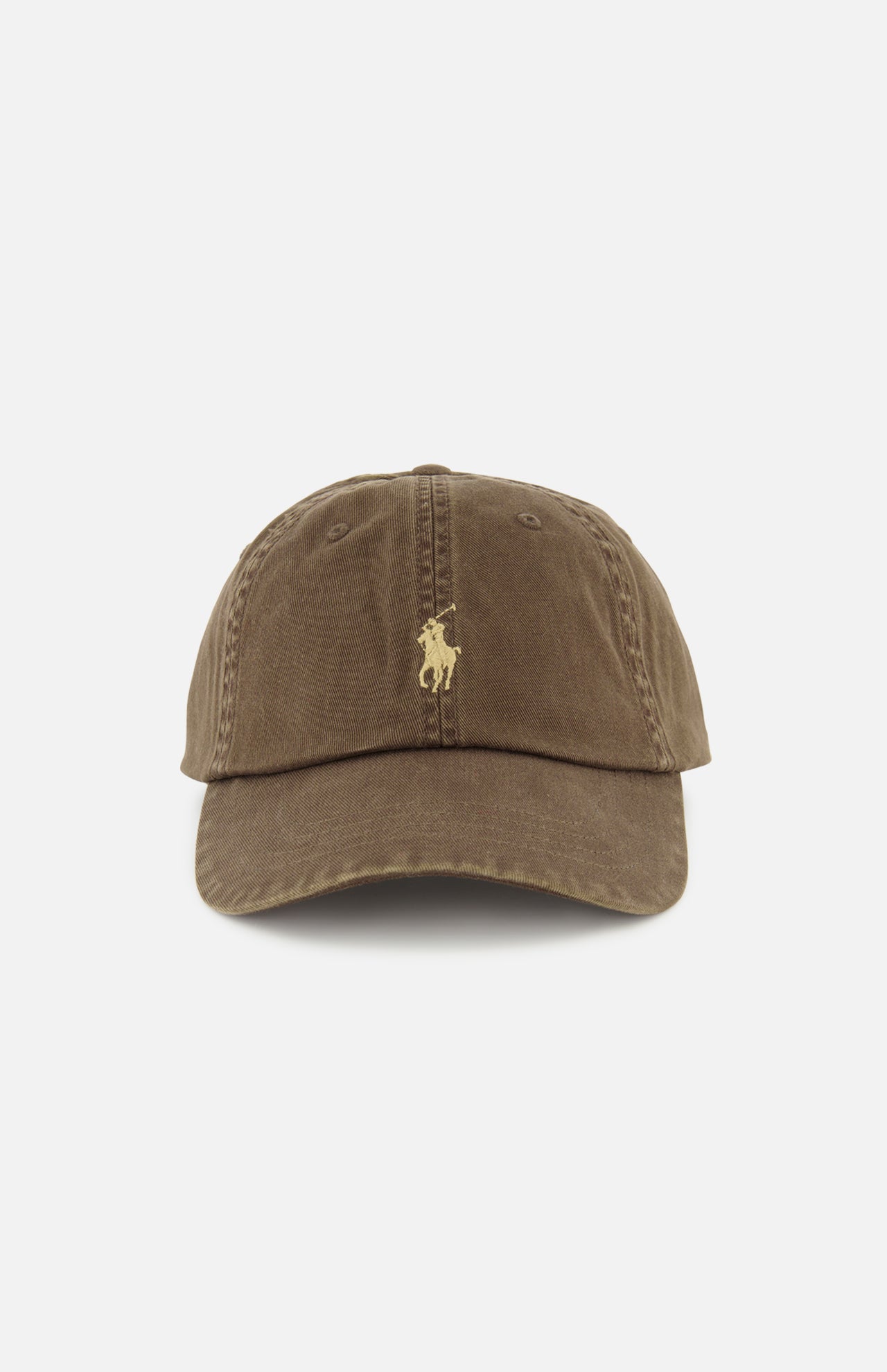 A brown RALPH LAUREN POLO Twill Sport Cap with visible stitching and a small yellow embroidered horse and rider logo on the front, photographed against a plain white background.