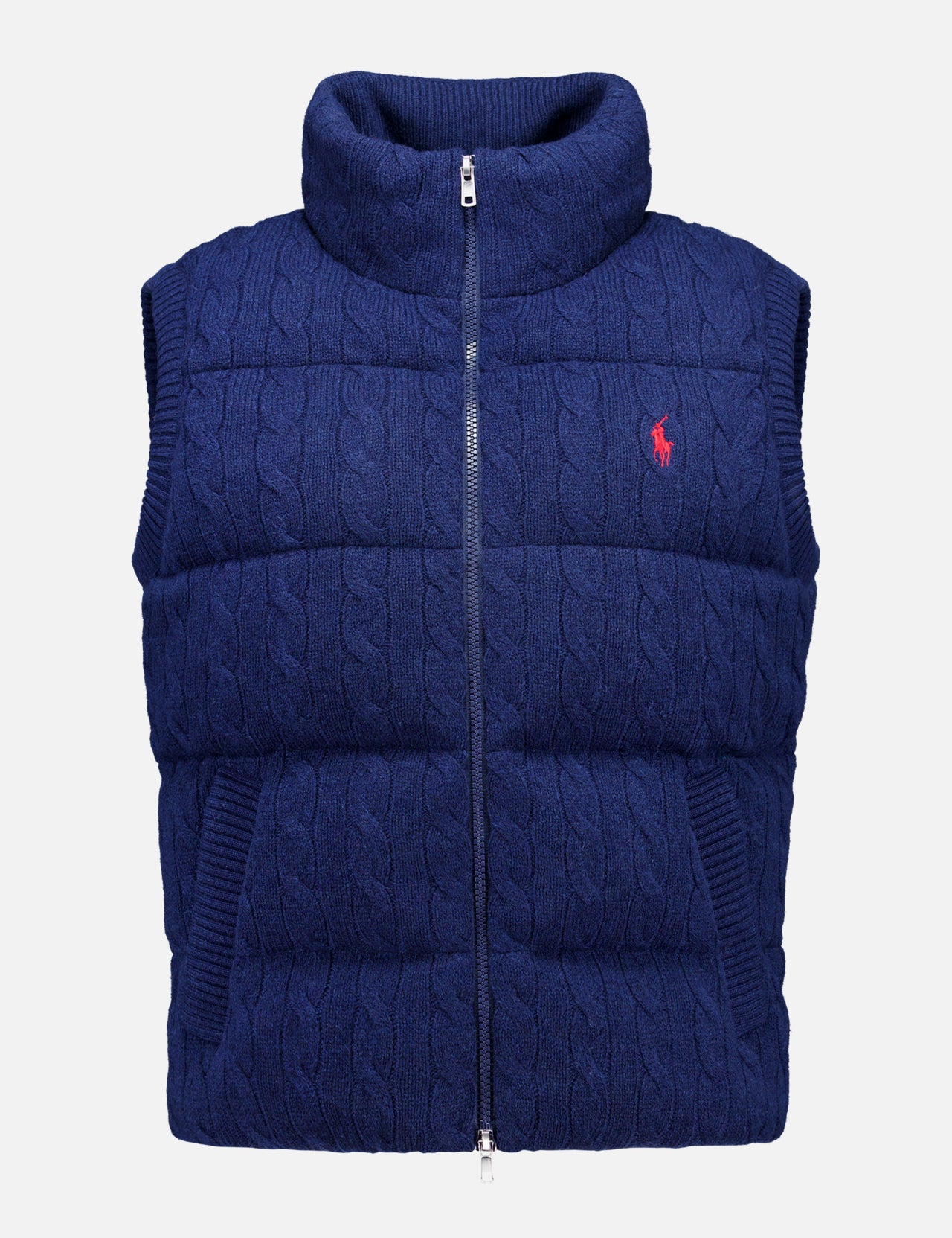 Crafted by RALPH LAUREN POLO, the Wool Cashmere Sweater Vest features a sleeveless design in navy blue with classic cable-knit detailing, a zip-up front, and a red embroidered Polo logo on the left chest—offering both warmth and timeless style for any occasion.