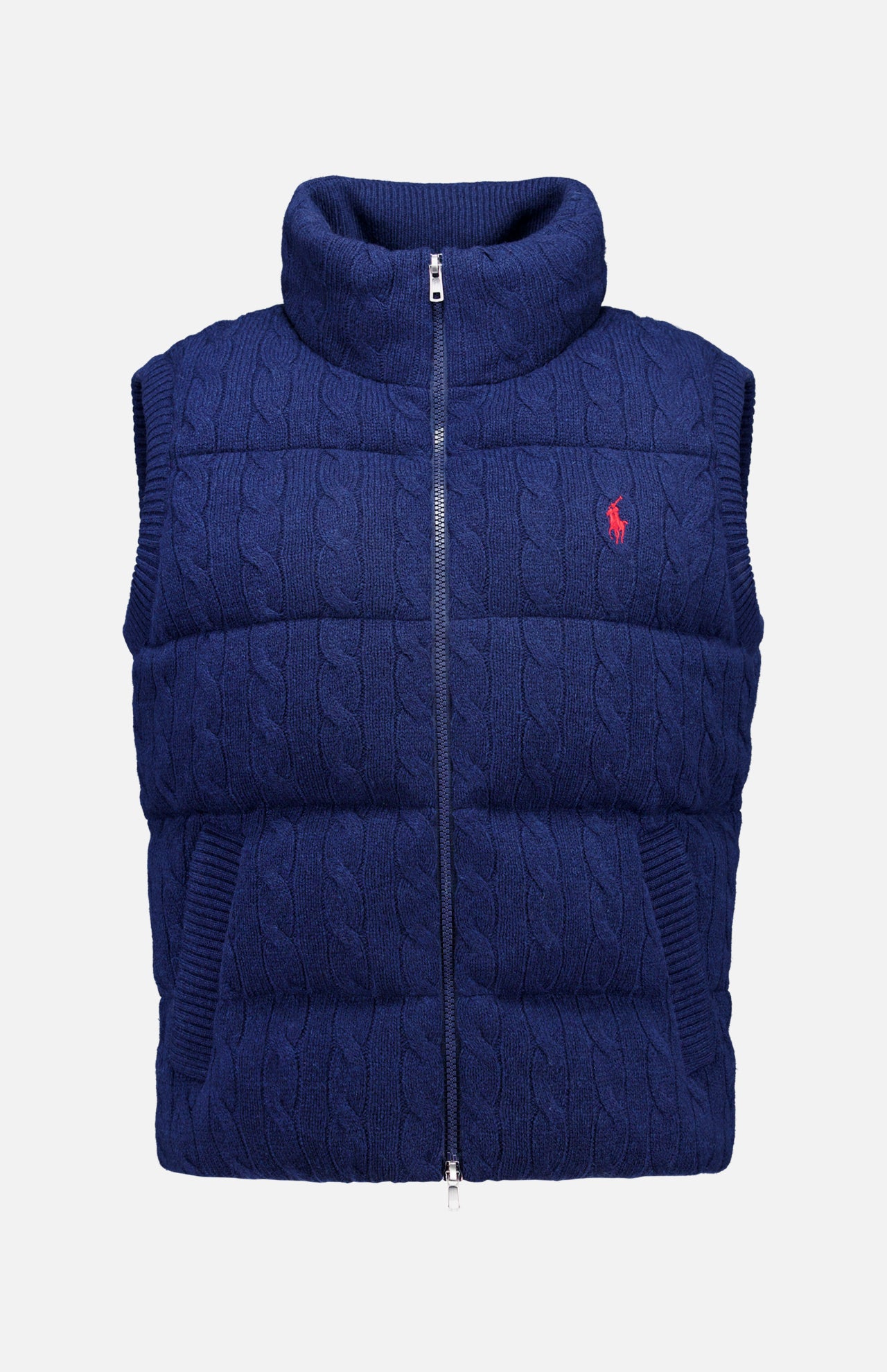 Crafted by RALPH LAUREN POLO, the Wool Cashmere Sweater Vest features a sleeveless design in navy blue with classic cable-knit detailing, a zip-up front, and a red embroidered Polo logo on the left chest—offering both warmth and timeless style for any occasion.