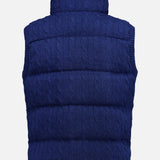 The Wool Cashmere Sweater Vest by RALPH LAUREN POLO is shown from the back in blue, featuring a quilted, cableknit construction with a high collar and a textured, padded design with horizontal sections.