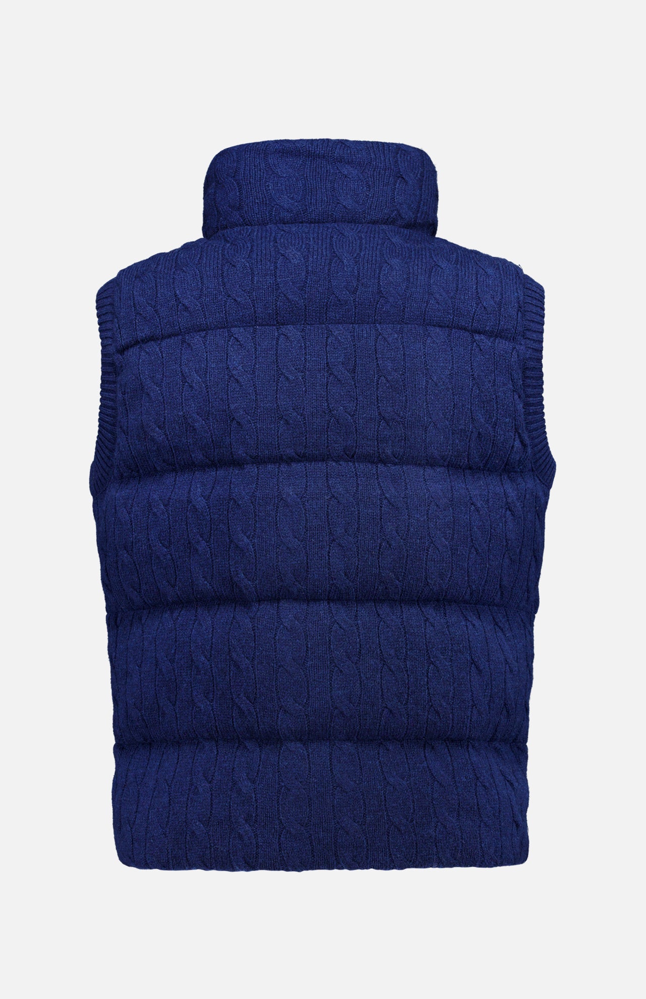 The Wool Cashmere Sweater Vest by RALPH LAUREN POLO is shown from the back in blue, featuring a quilted, cableknit construction with a high collar and a textured, padded design with horizontal sections.