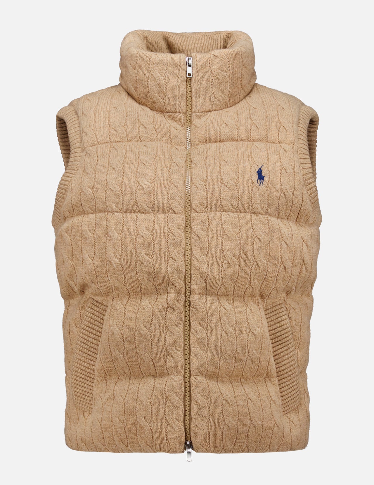 Wool Cashmere Sweater Vest by RALPH LAUREN POLO featuring a tan cable-knit design with a high collar, front zipper, and two side pockets. Finished with an embroidered blue Pony on the left chest.