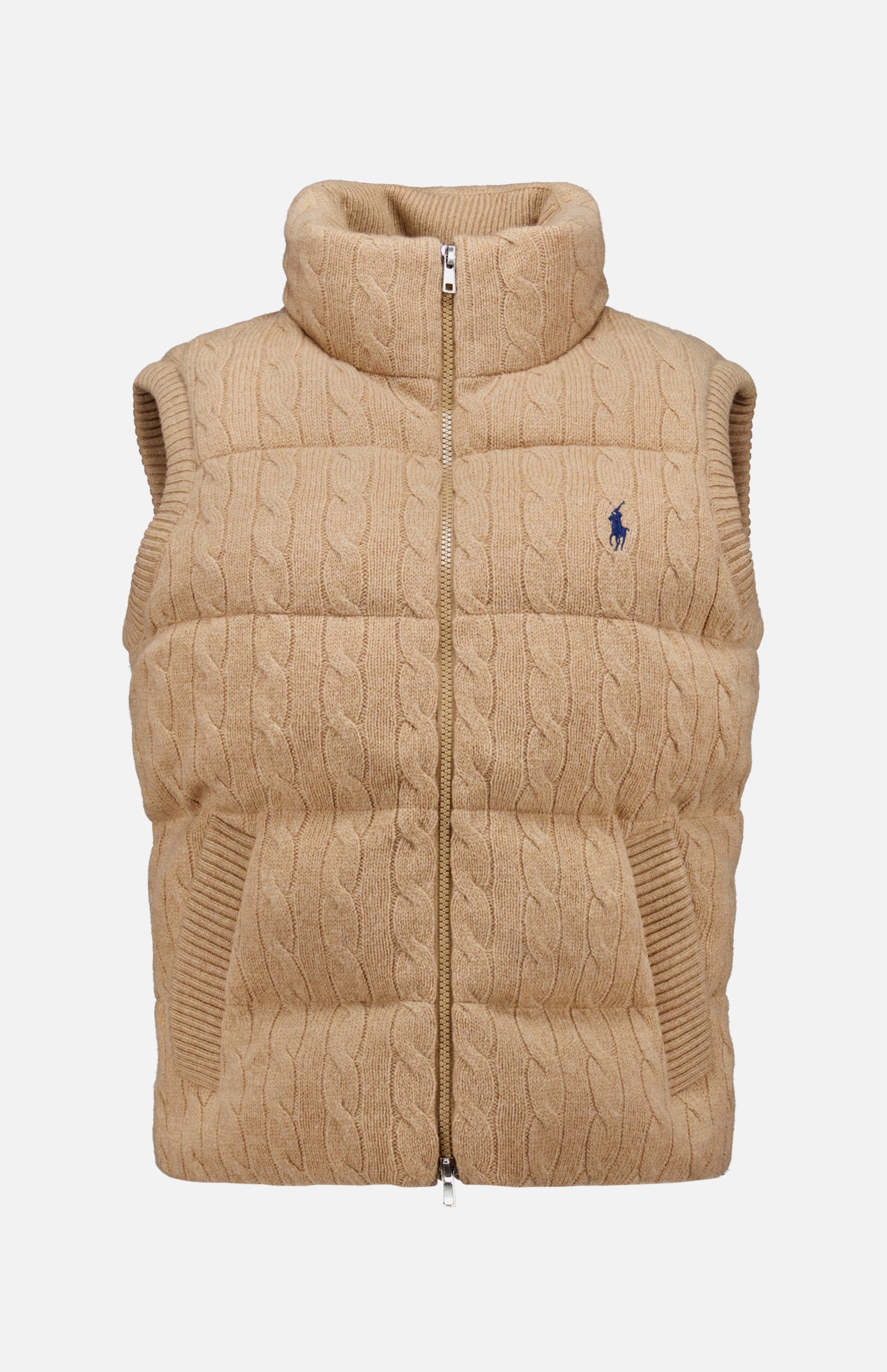 Wool Cashmere Sweater Vest by RALPH LAUREN POLO featuring a tan cable-knit design with a high collar, front zipper, and two side pockets. Finished with an embroidered blue Pony on the left chest.