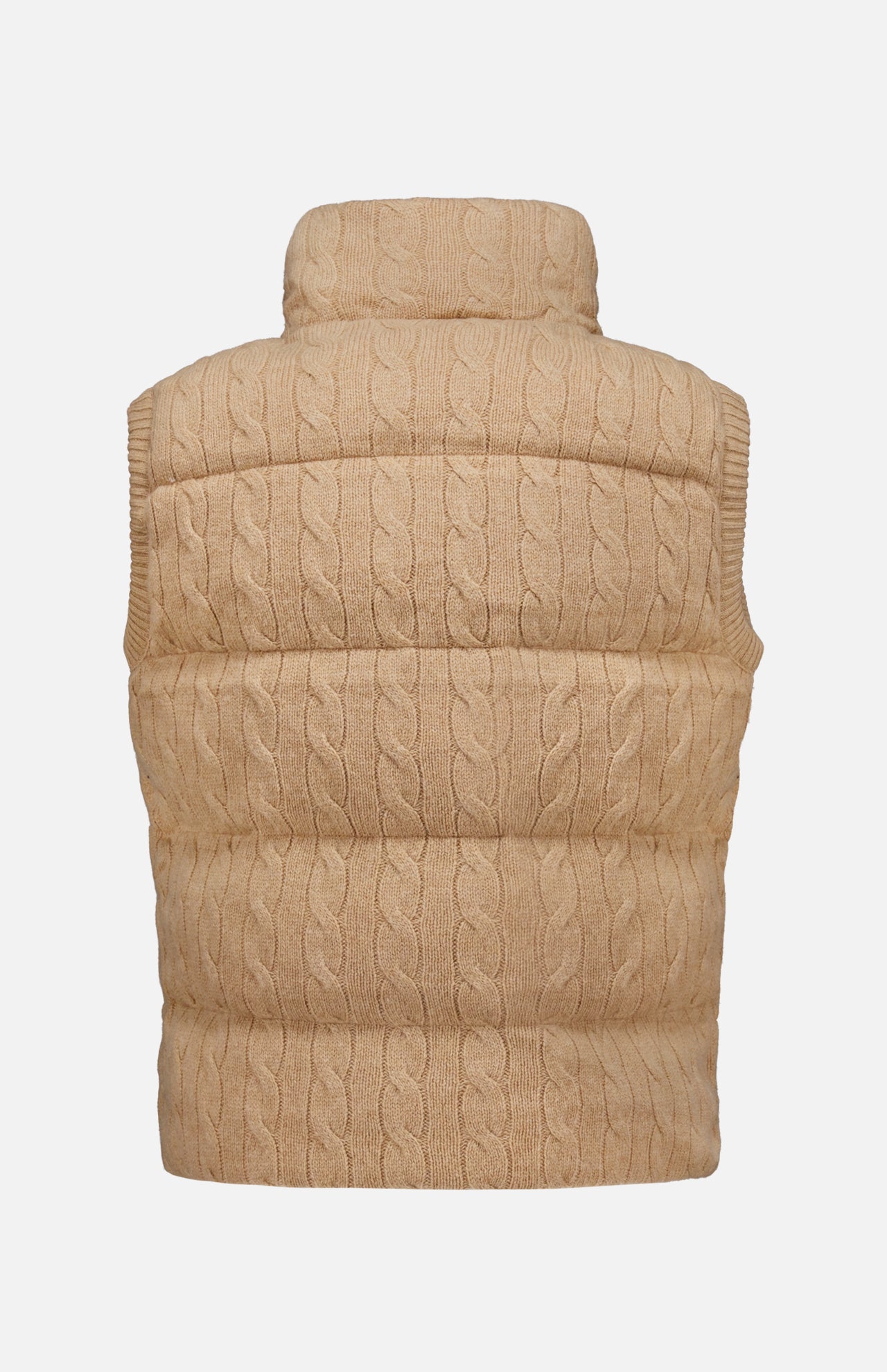 The Wool Cashmere Sweater Vest by RALPH LAUREN POLO is shown from the back, featuring a high collar and horizontal quilted sections. Its tan cable-knit texture highlights a repeating cable pattern throughout the fabric.
