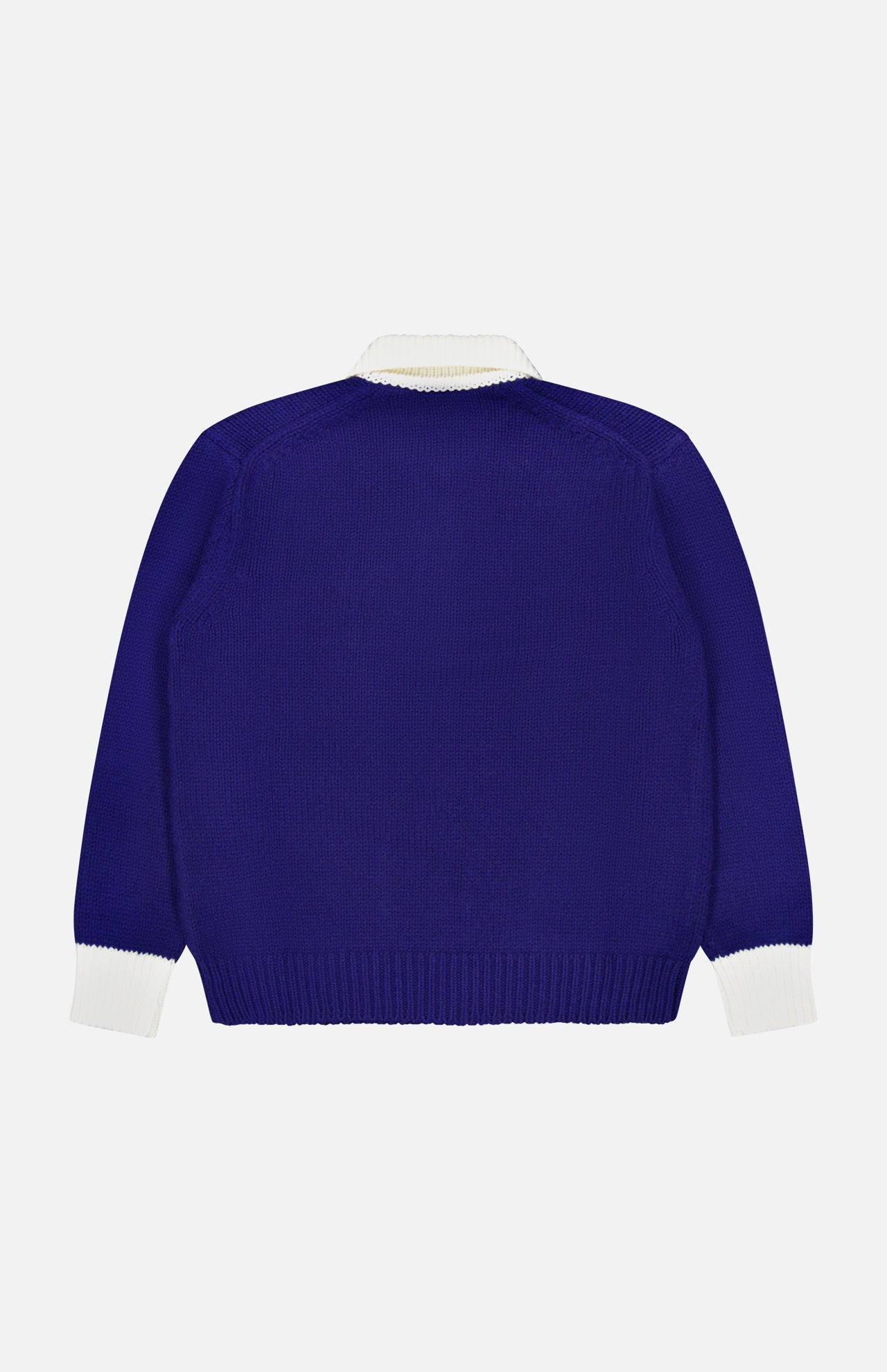 A RALPH LAUREN POLO Wool Long Sleeve Polo Collar Sweater in royal blue, featuring white ribbed cuffs and a white ribbed collar, is displayed flat on a white background with the back view shown.
