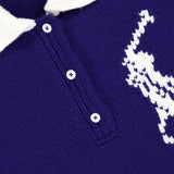 Close-up of a purple Wool Long Sleeve Polo Collar Sweater by RALPH LAUREN POLO, featuring a white collar, three white buttons, and a partial white polo player logo on the right side, reminiscent of the classic style found in a wool rugby shirt.
