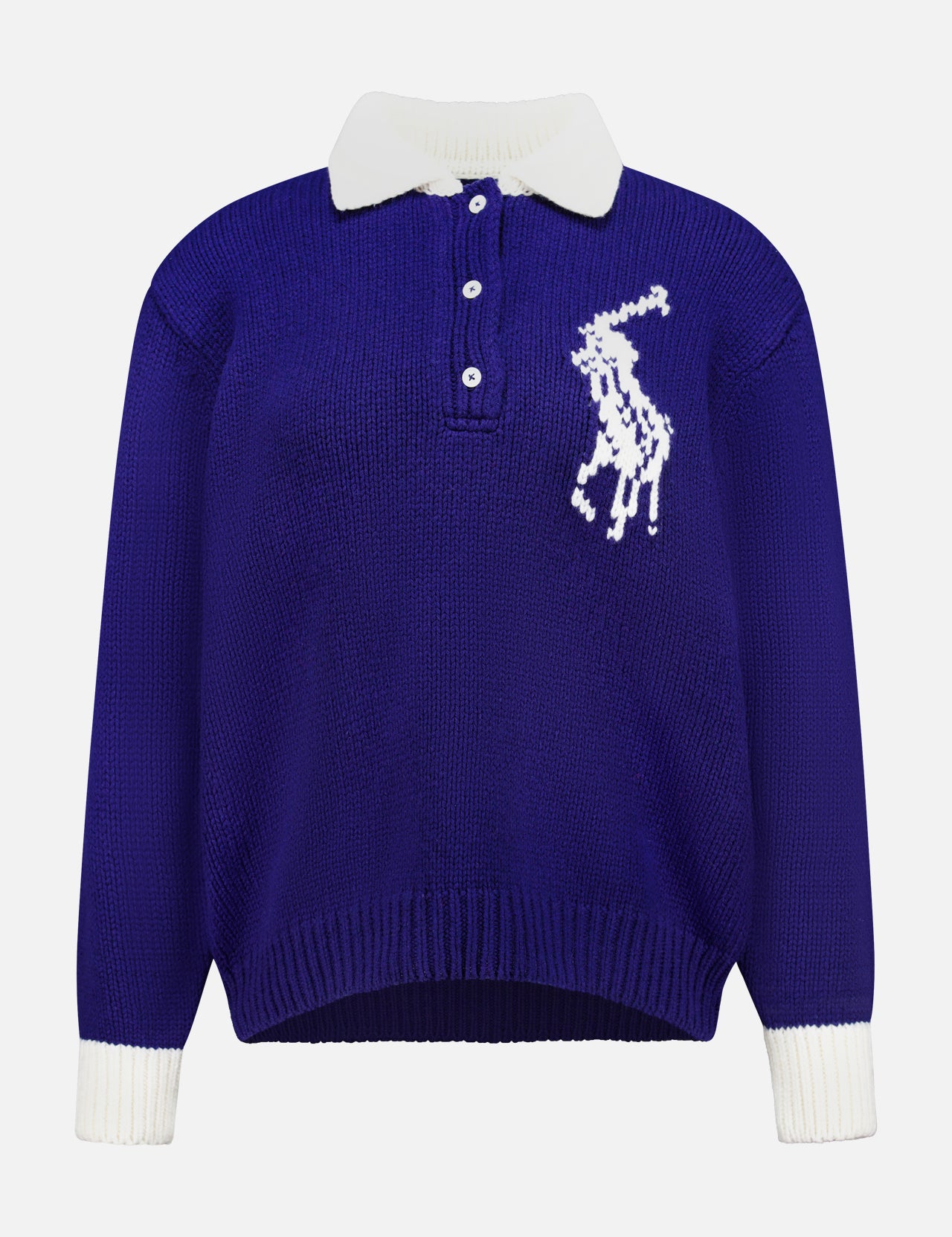 Introducing the Wool Long Sleeve Polo Collar Sweater by RALPH LAUREN POLO: a royal blue knit sweater inspired by the classic rugby shirt, featuring long sleeves, white cuffs, a white polo collar, and three buttons. The left chest showcases a large, white stitched polo player logo for Ralph Lauren’s signature touch.