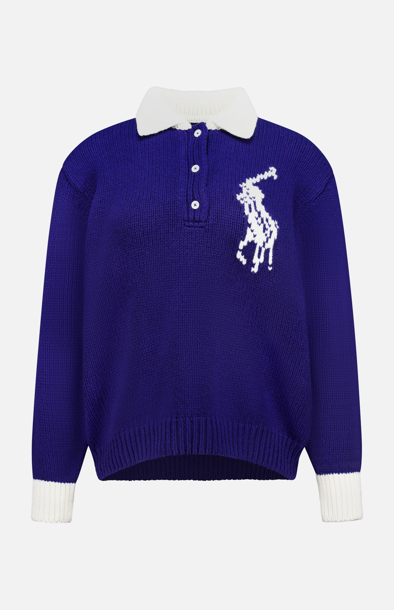 Introducing the Wool Long Sleeve Polo Collar Sweater by RALPH LAUREN POLO: a royal blue knit sweater inspired by the classic rugby shirt, featuring long sleeves, white cuffs, a white polo collar, and three buttons. The left chest showcases a large, white stitched polo player logo for Ralph Lauren’s signature touch.