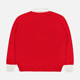A red RALPH LAUREN POLO Wool Long Sleeve Polo Collar Sweater featuring white ribbed cuffs and a white ribbed collar, shown flat from the back on a plain white background.