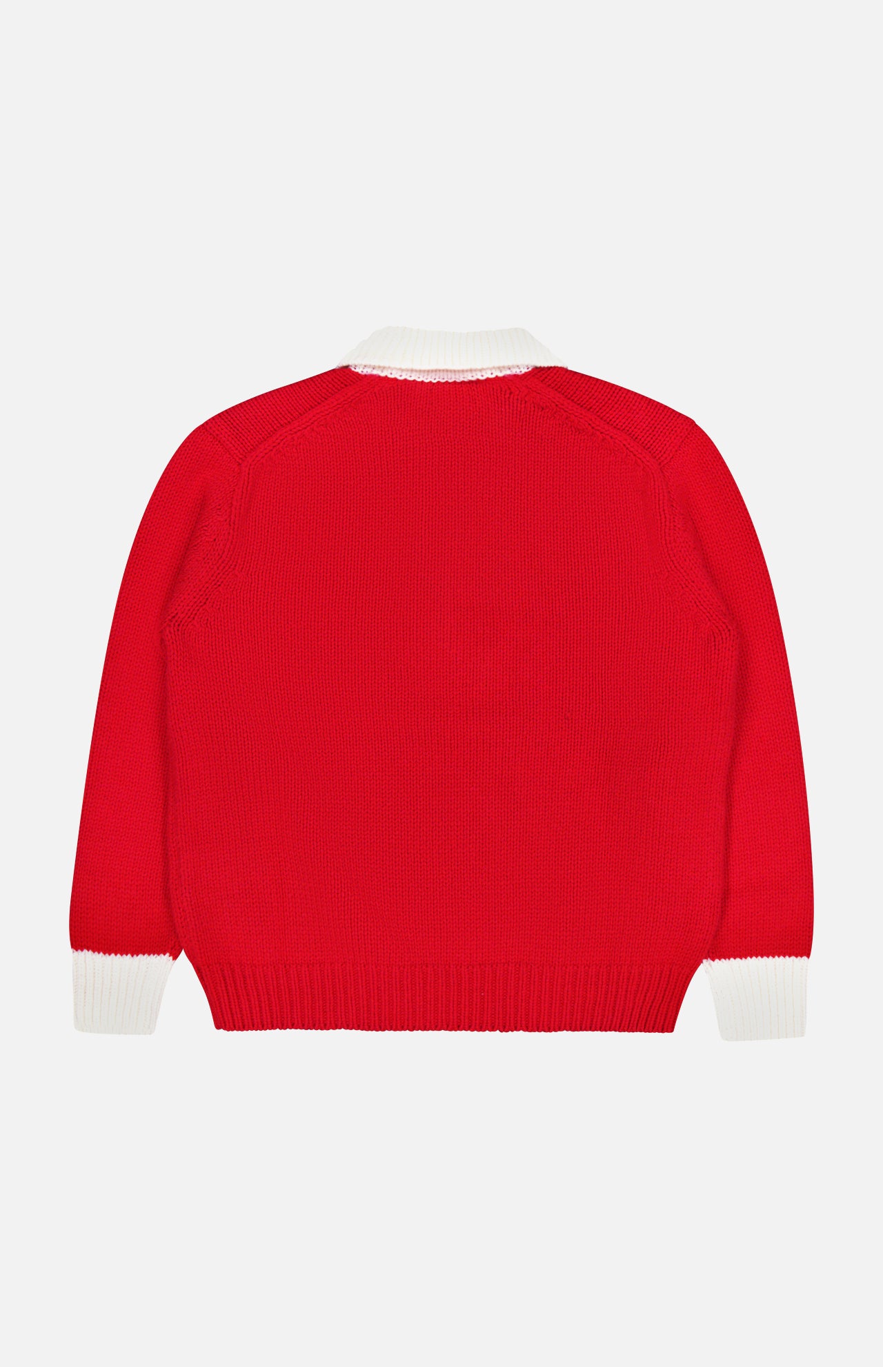 A red RALPH LAUREN POLO Wool Long Sleeve Polo Collar Sweater featuring white ribbed cuffs and a white ribbed collar, shown flat from the back on a plain white background.