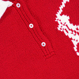 Close-up of the RALPH LAUREN POLO Wool Long Sleeve Polo Collar Sweater in red, inspired by the classic wool rugby shirt and featuring a crisp white collar, three red buttons, and a large white stitched logo of a polo player on horseback.