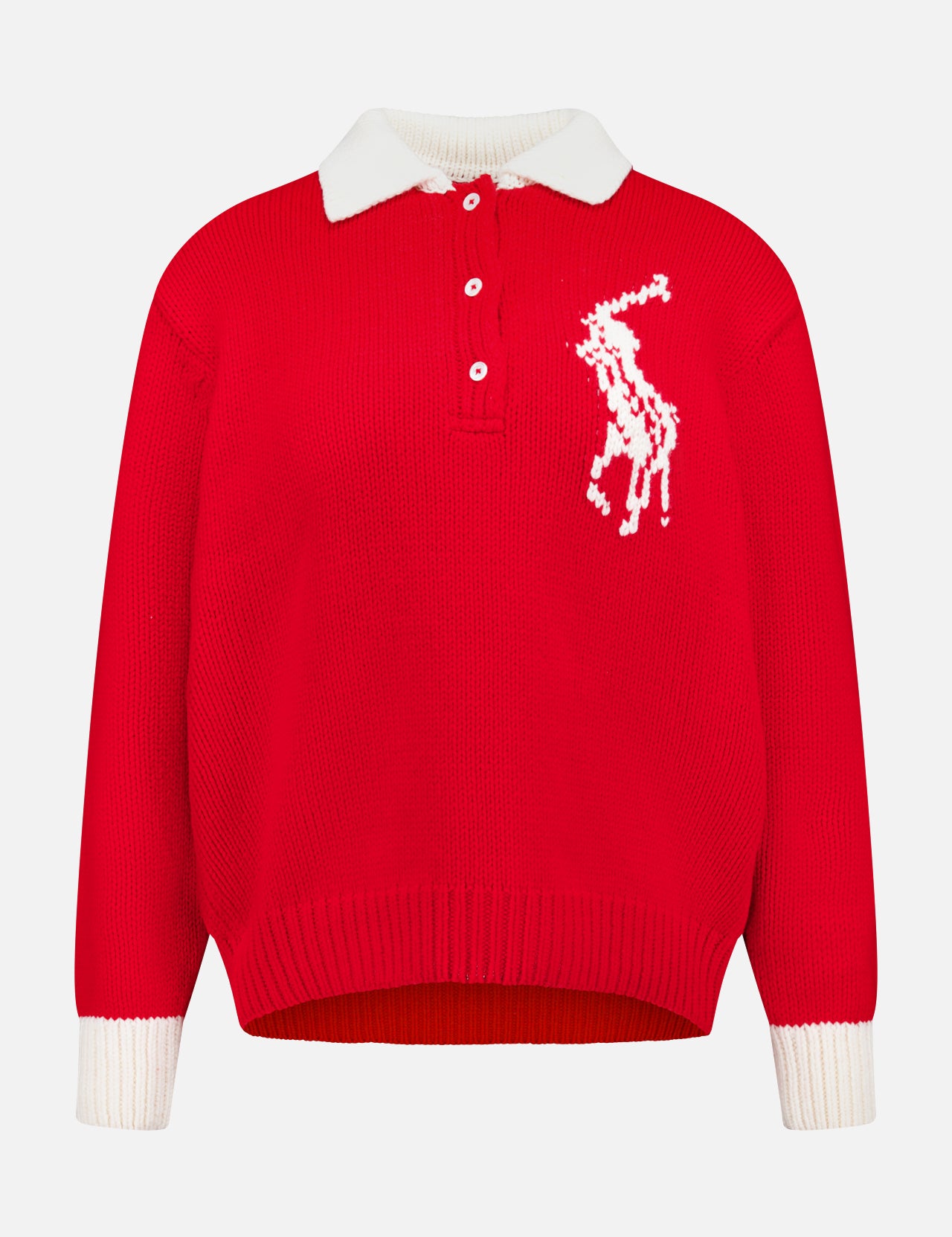 The Wool Long Sleeve Polo Collar Sweater by RALPH LAUREN POLO is a red knit sweater featuring white cuffs, a polo collar, and white buttons. Reminiscent of a classic Ralph Lauren design, it showcases an abstract animal motif in white on the left chest. Displayed against a plain white background.