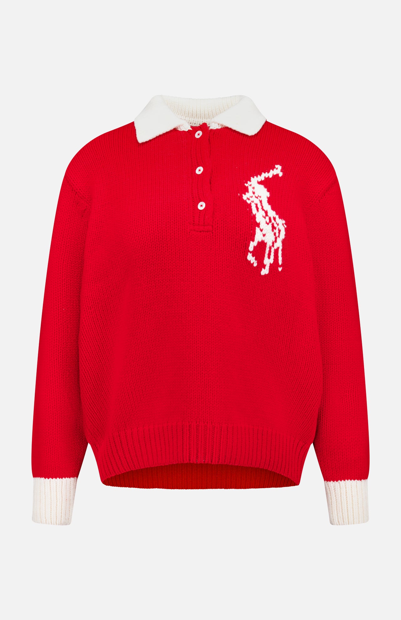 The Wool Long Sleeve Polo Collar Sweater by RALPH LAUREN POLO is a red knit sweater featuring white cuffs, a polo collar, and white buttons. Reminiscent of a classic Ralph Lauren design, it showcases an abstract animal motif in white on the left chest. Displayed against a plain white background.
